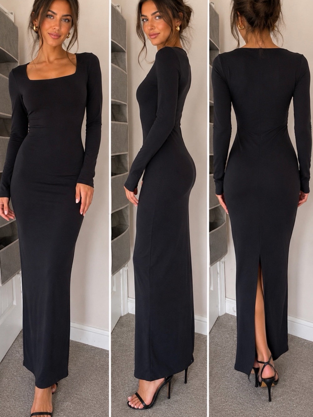 NWT Shore Black Ribbed Square Neck Maxi Dress Size M